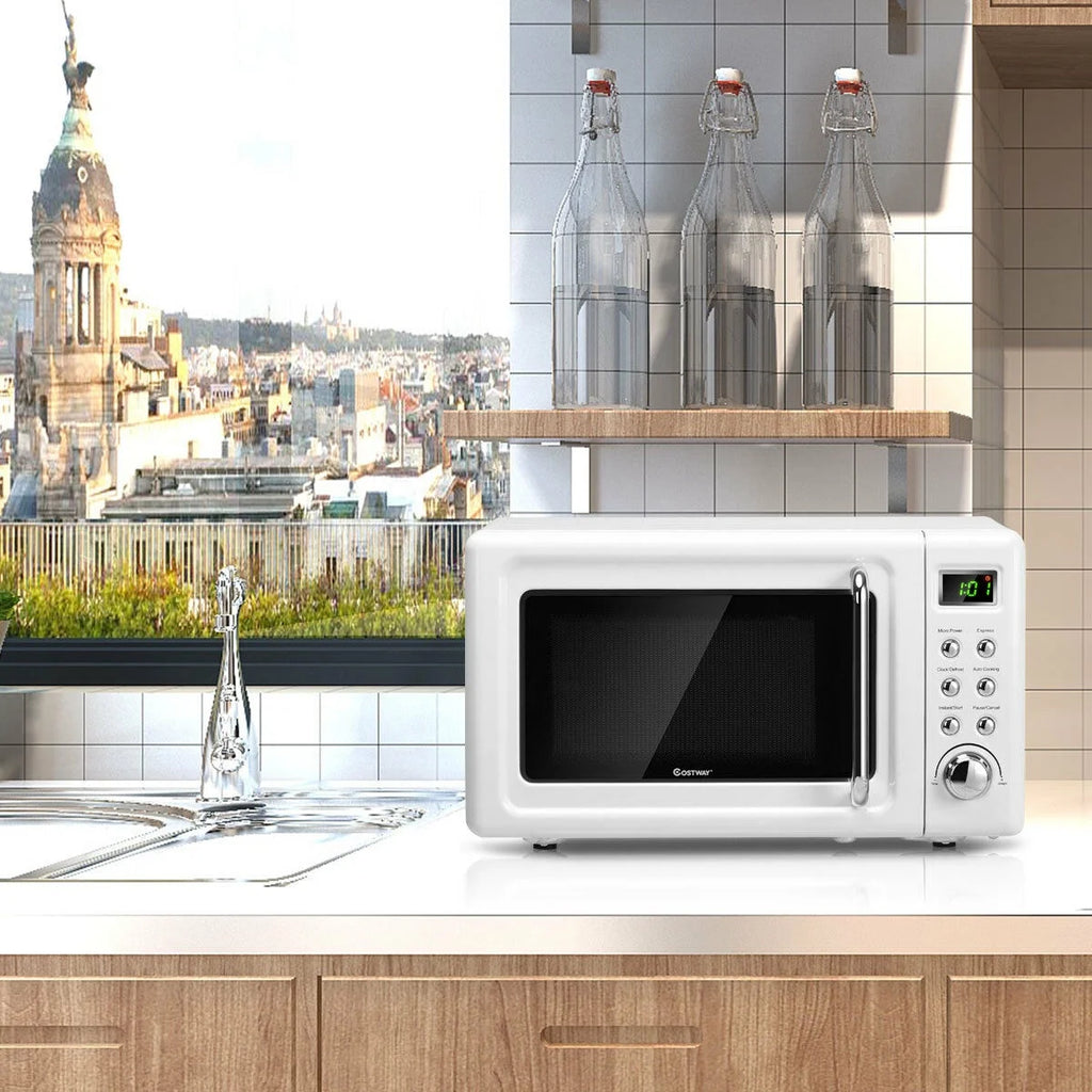 Costway 0.7Cu.ft Retro Countertop Microwave Oven 700W LED Display Glass Turntable Rose Gold