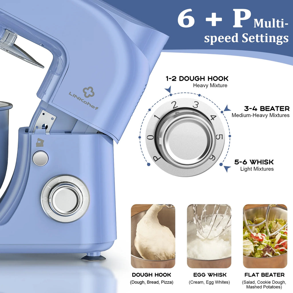 LINKChef Stand Mixer, 5.3QT 800W 6+P Speeds with Whisk, Dough Hook and Beater (White)