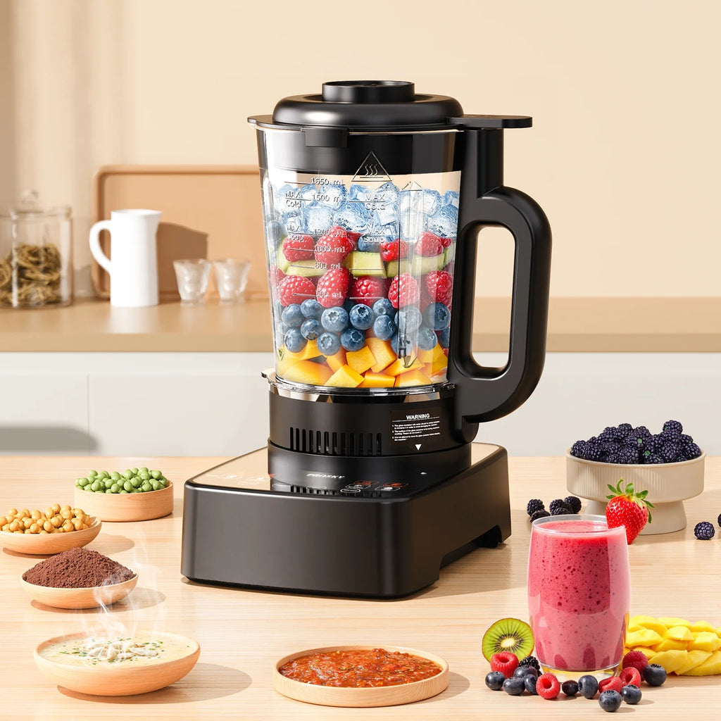 PRASKY Countertop Blender with Heating, 53oz Glass Jar, Nut Milk Maker, Homemade Soy, Soup, Ice, Multifunction Blender for Kitchen with Portable Metal Insulated Cup (Black)