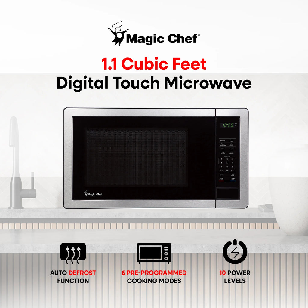 Magic Chef 1.6 Cu. ft. 1100W Countertop Microwave Oven with Push-Button Door in Black, New