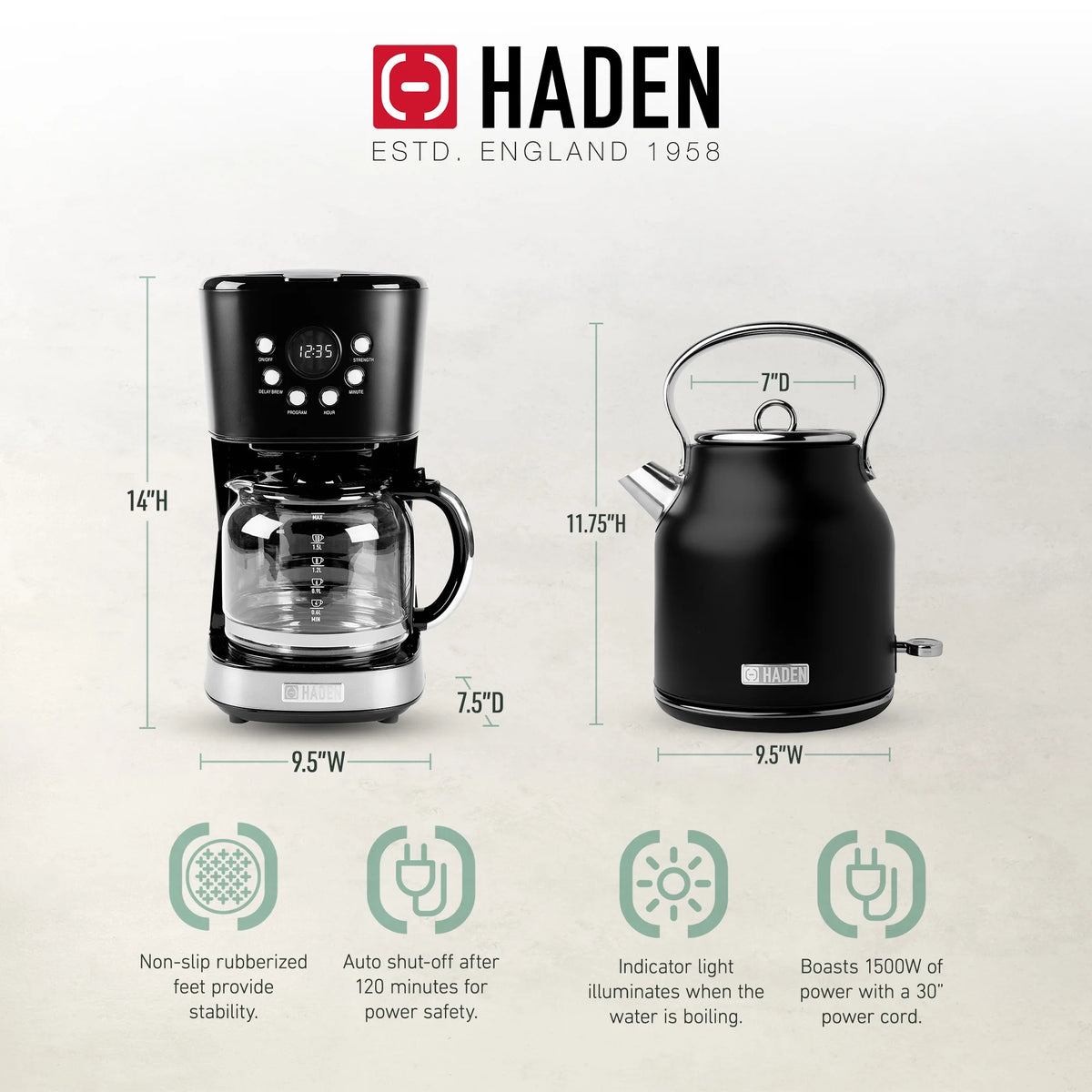 Haden Coffee Maker & Heritage 1.7 Liter Electric Kettle, Black & Chrome