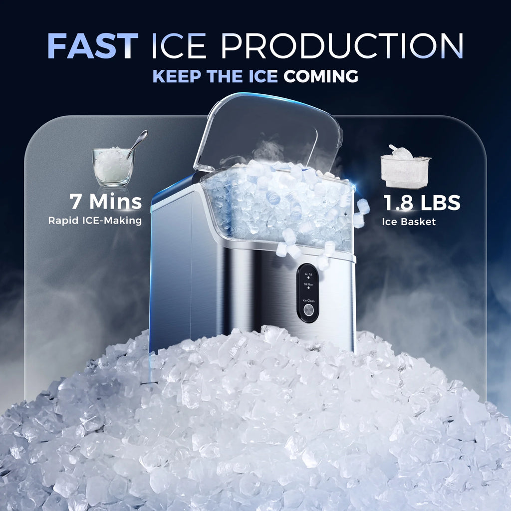 Simzlife Nugget Ice Maker Countertops, 35.9lbs Per Day Portable Pebble ice machine, Crushed Sonic ice maker with Soft Chewable Ice for Home, Party, RV, Camping, Stainless Steel Silver