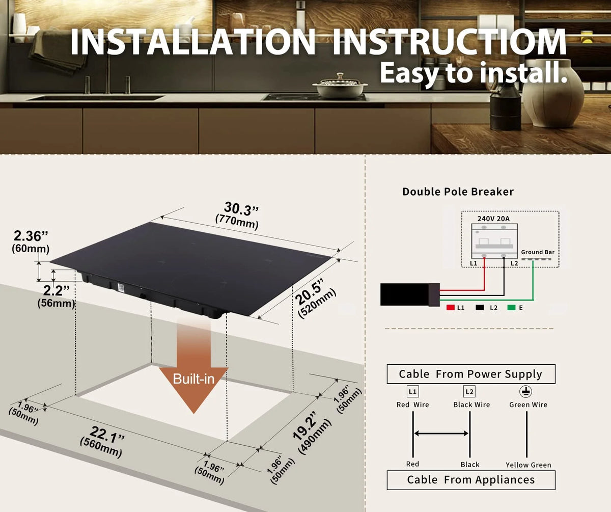30" Induction Cooktop, 4 Burner Cooktop, 7000W, Boost Function, (No Plug)