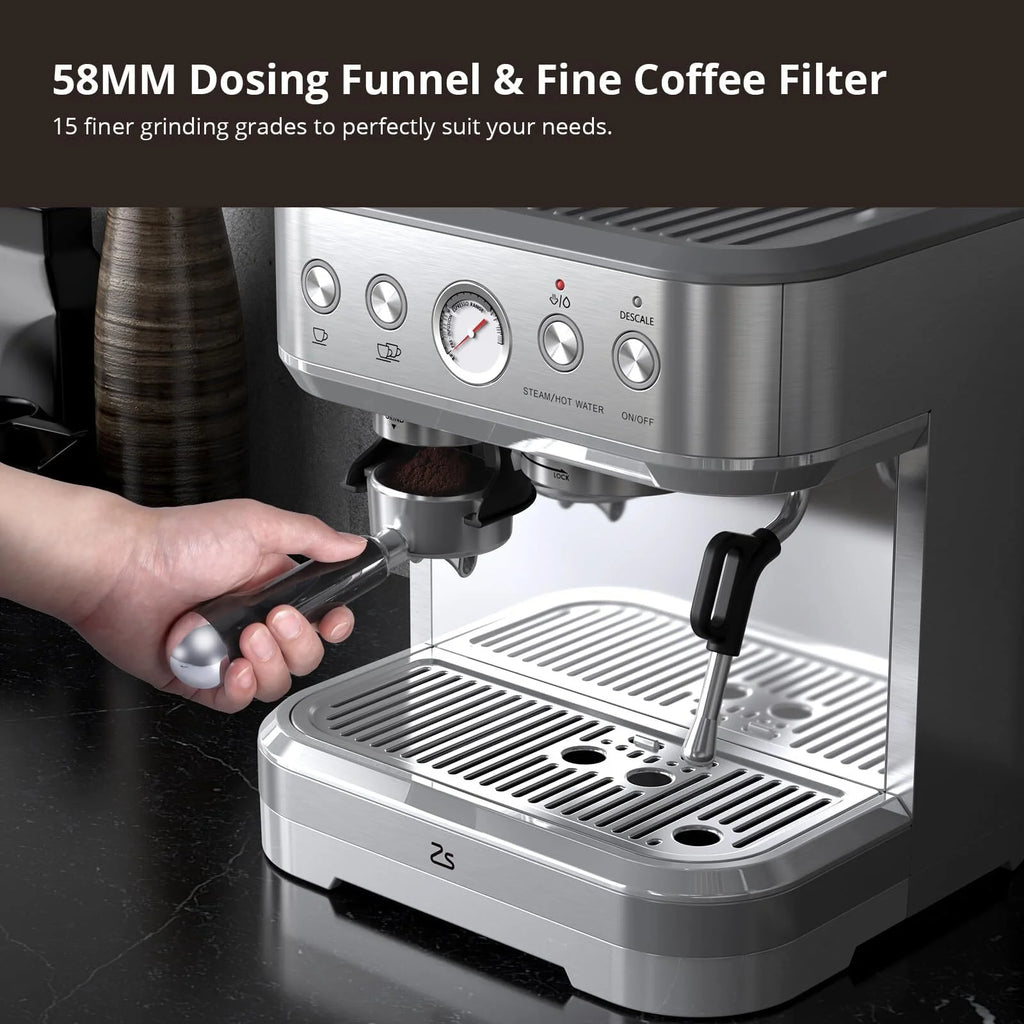 Espresso Machine with Built-in Grinder,Italian ULKA 15 Bar Espresso Machine - 85oz Water Tank, Dual PID Control, Milk Frother & Auto-Cleaning for Perfect Lattes and Cappuccinos