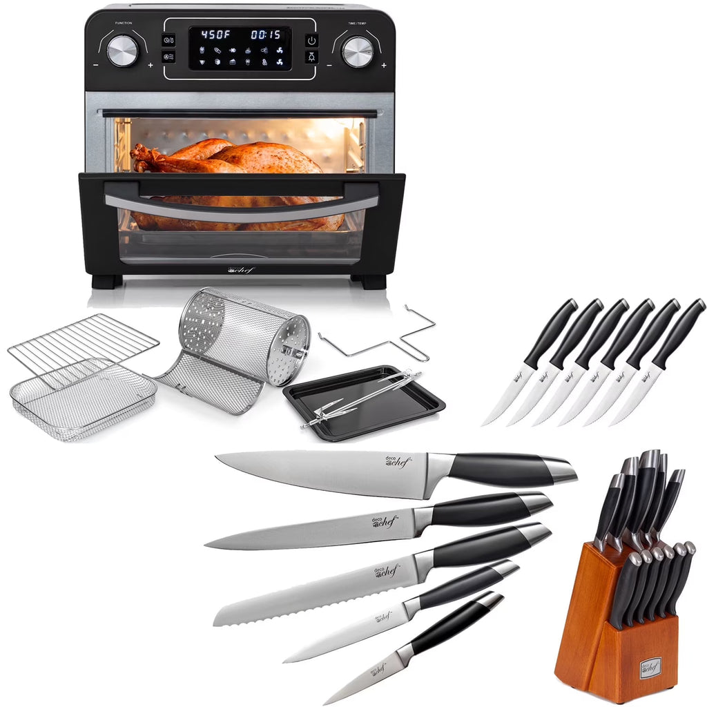 Deco Chef 24QT Stainless Steel Countertop Toaster Air Fryer Oven with Accessories (Black) + Bonus Deco Chef Gourmet 12 Piece Stainless Steel Knife Set with Storage Block