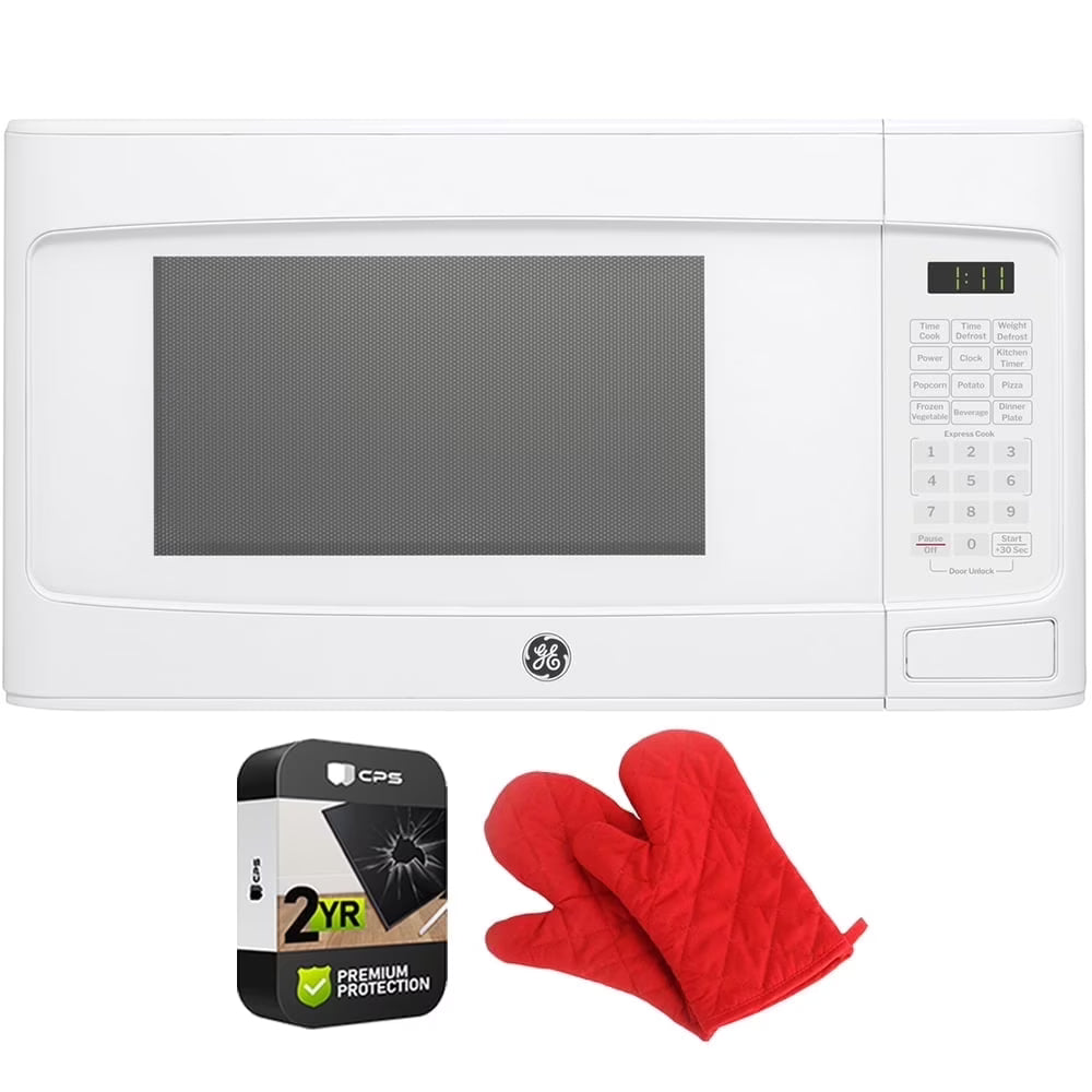 GE GCST11N1WSS 1.1 cu. ft. Countertop Microwave Oven 950 Watts Stainless Steel Bundle with 2 YR CPS Enhanced Protection Pack and Deco Chef Pair of Red Heat Resistant Oven Mitt