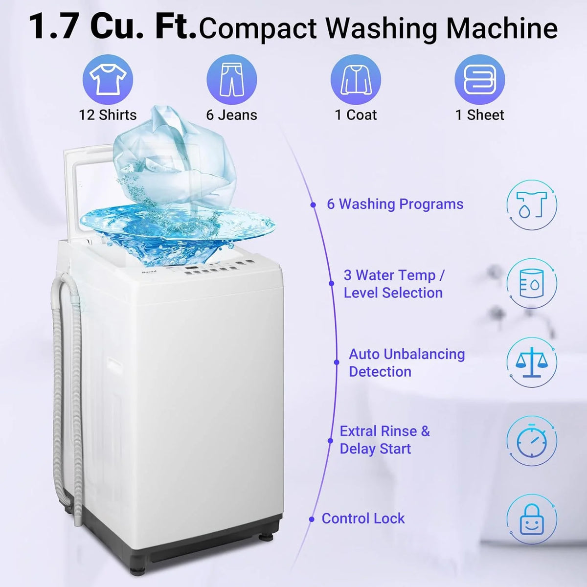 Techomey Compact Washing Machines 1.7 Cu ft Single Use in Schools and apartments 12lbs White Washer