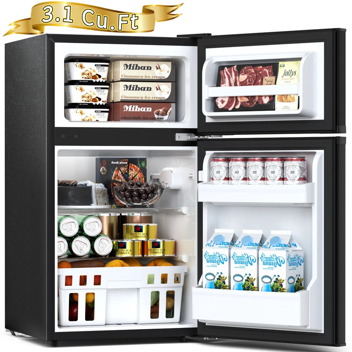 Auseo 3.1 Cu.Ft Mini Fridge 2 Door, Small Fridge 115 Volt/60 Hz, Low Noise Mini Refrigerator with Adjustable Temperature, Removable Shelves, Suitable for Home/Kitchen/Office/Dorm/Apt-Black