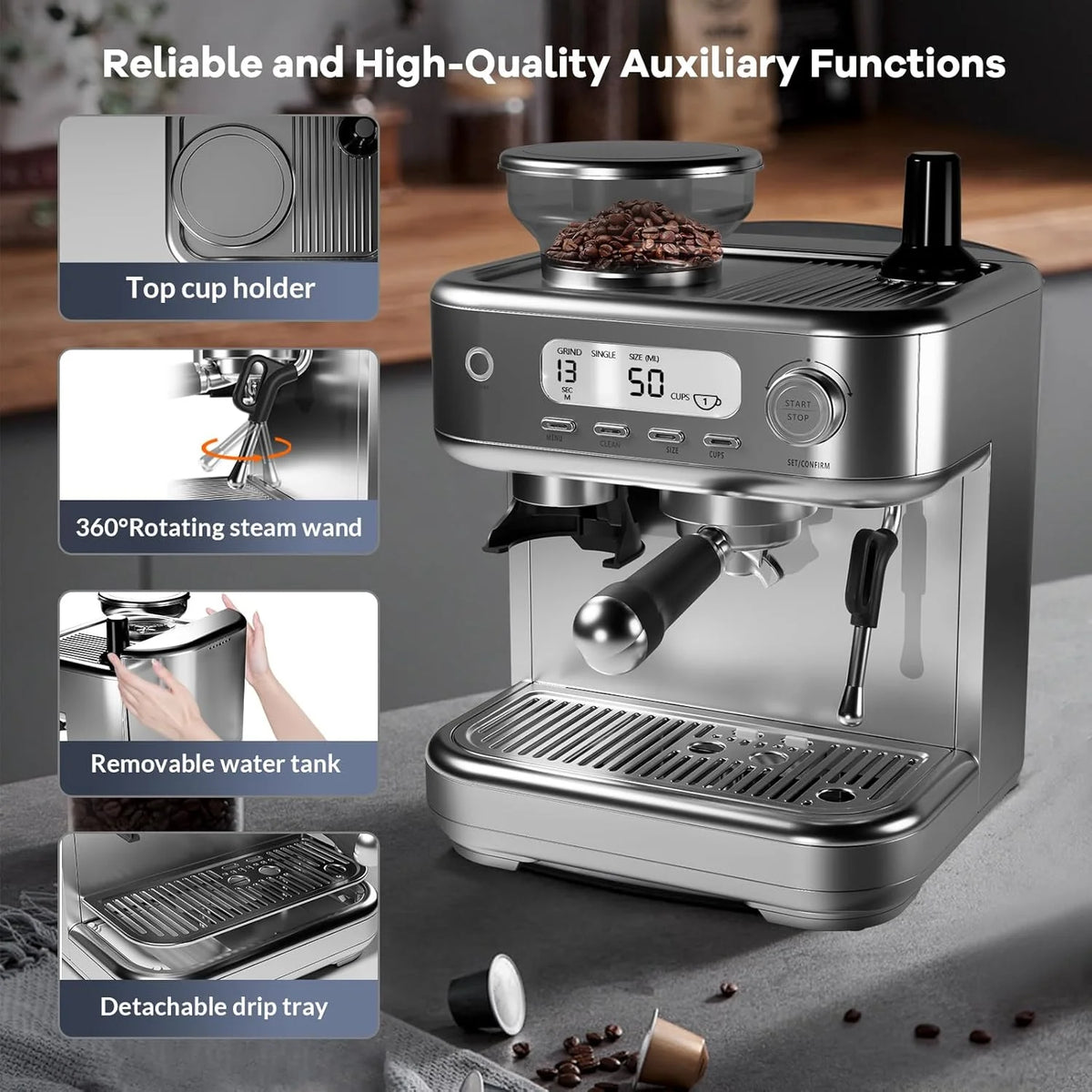 Espresso Machine with Grinder, Professional Coffee and Espresso Maker Combo, Stainless Steel Cafe Espresso Machine with Steam Wand Barista Kit for Cappuccino Latte