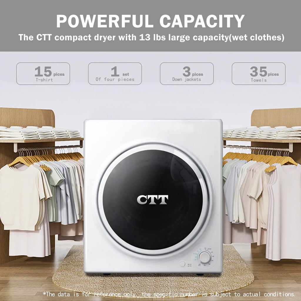 CTT 3.5 Cu. Ft. Clothes Dryer, 1500W Electric Dryers for Clothes, Electric Clothes Dryer with Stainless Steel Drumble for 13.2 lbs. with 4 Automatic Drying Modes (White)