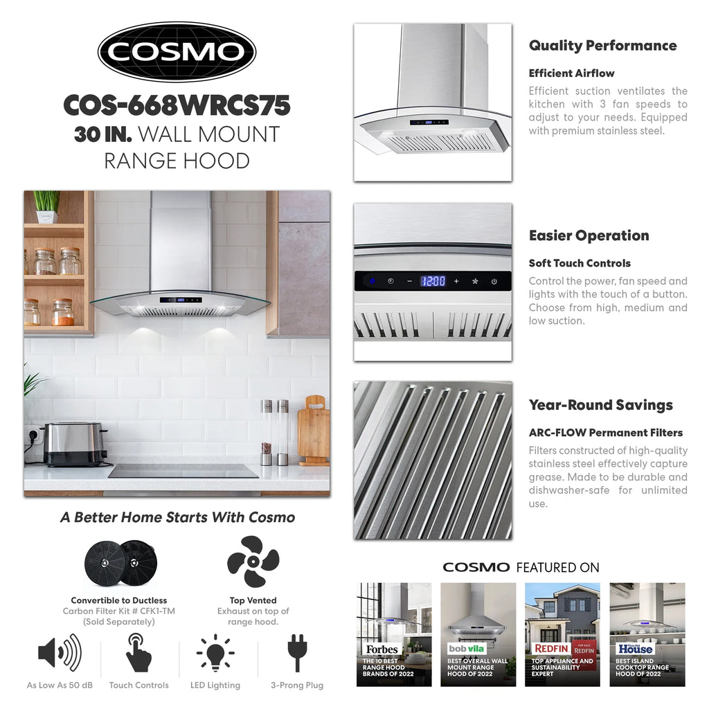 30 in. Vista Collection Ductless Wall Mount Range Hood, Button Controls, LED Lights, Stainless Steel