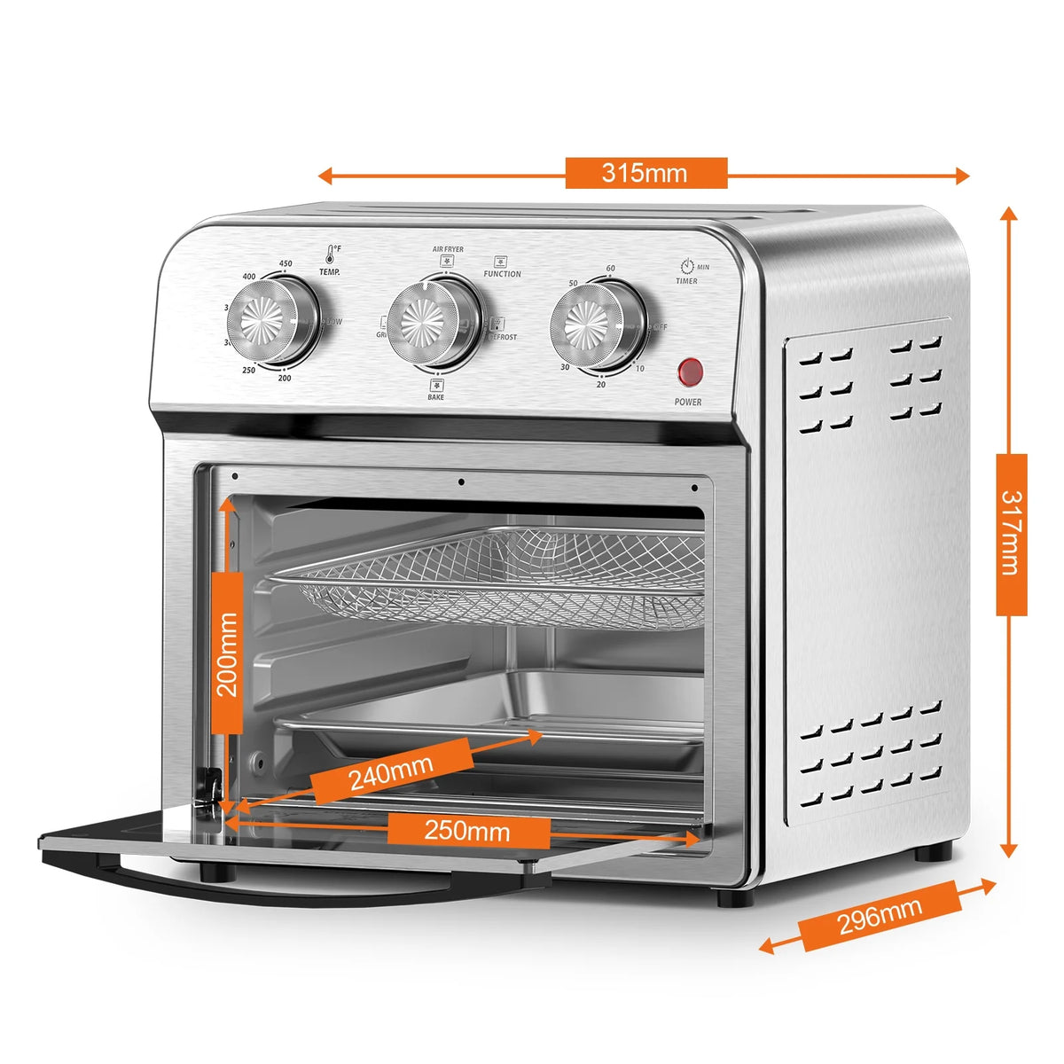 Plum Chef 13QT Air Fryer Toaster Oven Combo, 7-in-1 Multifunctional Countertop Oven with 360�� Hot Air Circulation for Healthy Oil-Free Cooking, Family Size, Stainless Steel, Silver