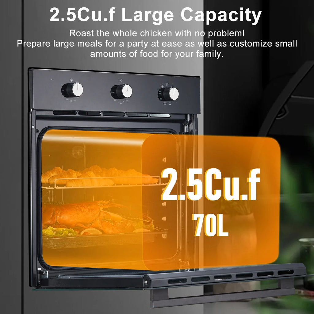 Garvee 24" Single Wall Oven, 2.5 Cu.ft Electric Wall Oven with Mechanical Knobs, Convection Wall Oven in Stainless Steel, 3000W, 240V, Black