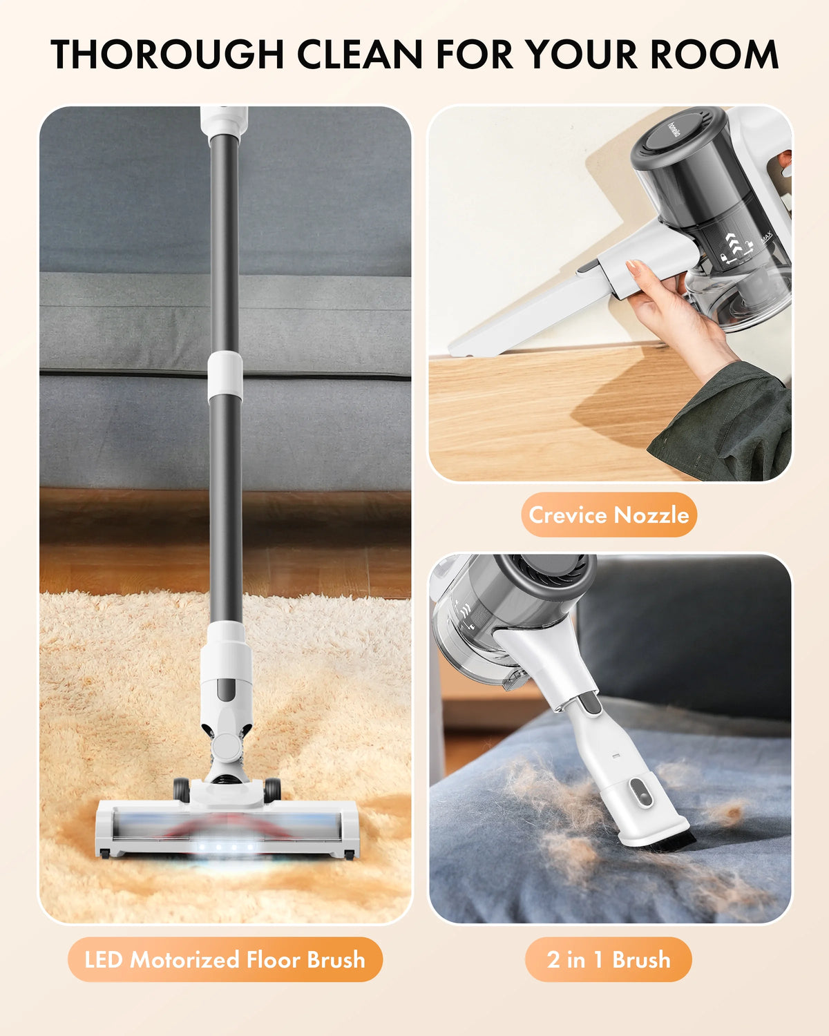 Homeika H320 Cordless Vacuum Cleaner, 28KPA Powerful Suction 8-in-1 Multi-Tool 55min Runtime LED Motorized Brush One-Click Dust Emptying for Pet Hair and Allergies,Pink