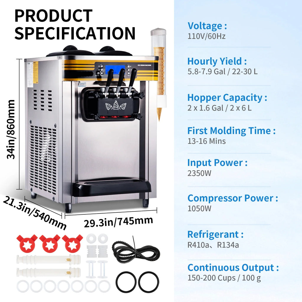 BENTISM Commercial Ice Cream Maker, 22-30L/H Yield, 2350W Countertop Soft Serve Machine w/ 2x6L Hopper 2L Cylinder LCD Panel Puffing Shortage Alarm, Frozen Yogurt Maker for Restaurant Snack Bar