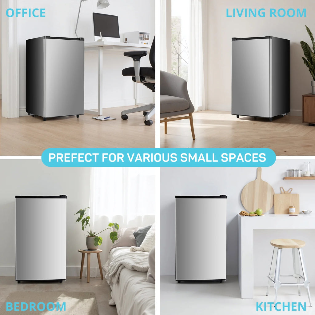 TINKLE WELL 3.2 Cu Ft Mini Fridge with Freezer, Compact Single Door Refrigerator, Energy Efficient, Low Noise, Adjustable Thermostat for Bedroom, Dorm, Office, silver