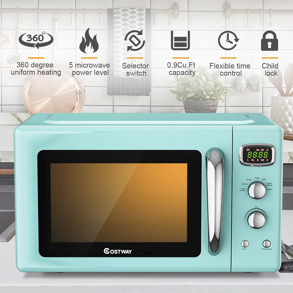 Costway 0.9Cu.ft. Retro Countertop Compact Microwave Oven 900W 8 Cooking Settings White