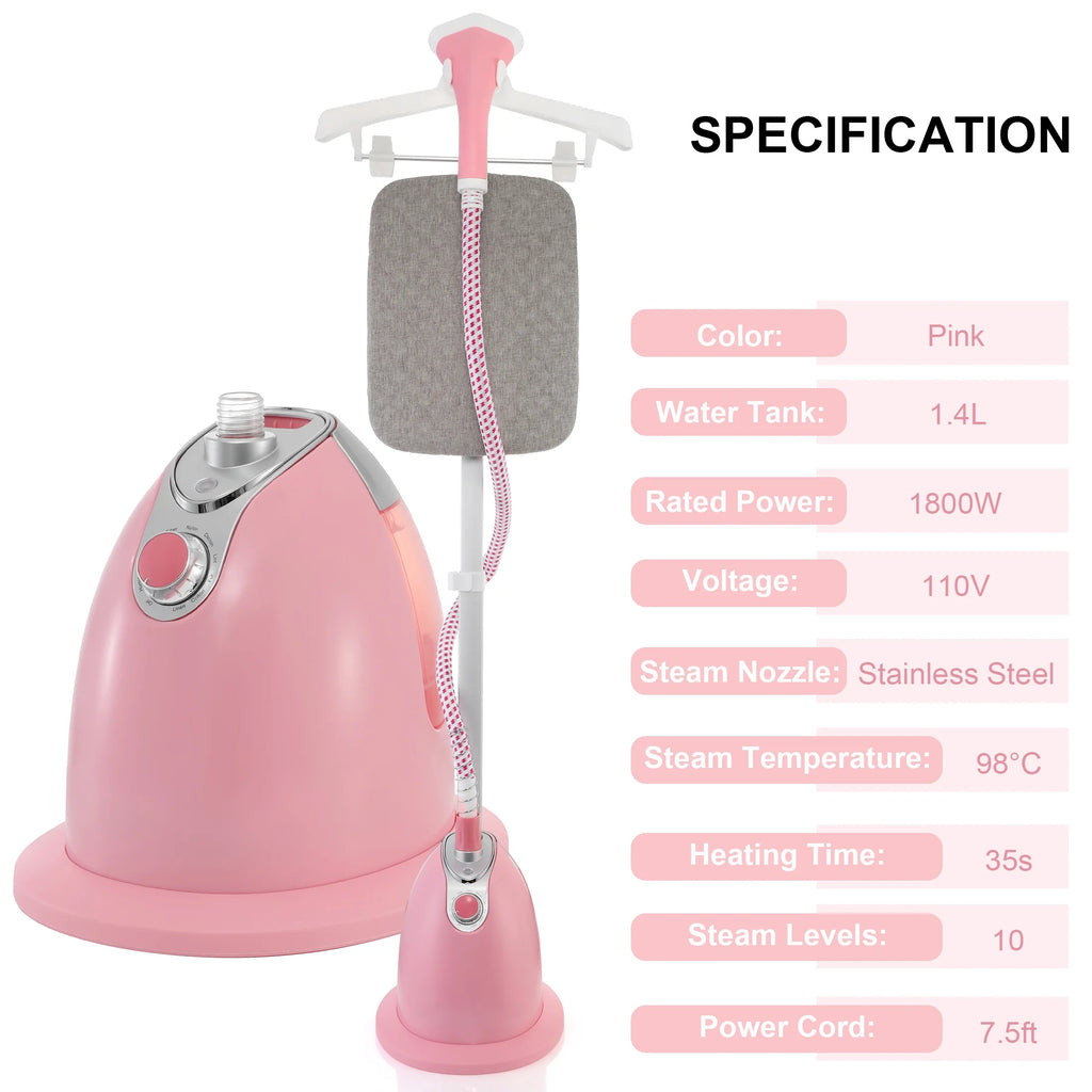 BEAMNOVA Standing Garment Steamer for Clothes, Professional for Home and Business Use Full-Size Clothing Steamer with Hanger & Ironing Board, Pink