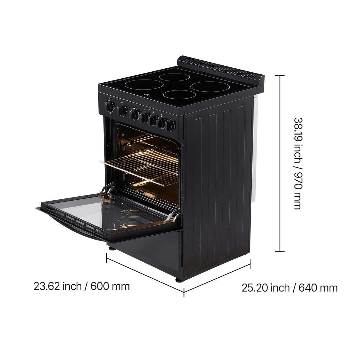 KFFKFF 24-inch Electric Range Oven, 2.7 Cu. Ft. Compact Freestanding Design, Stainless Steel Finish, Features 4 Burners, Adjustable Racks, Storage Drawer, Drip Pan, and Indicator Light, Black