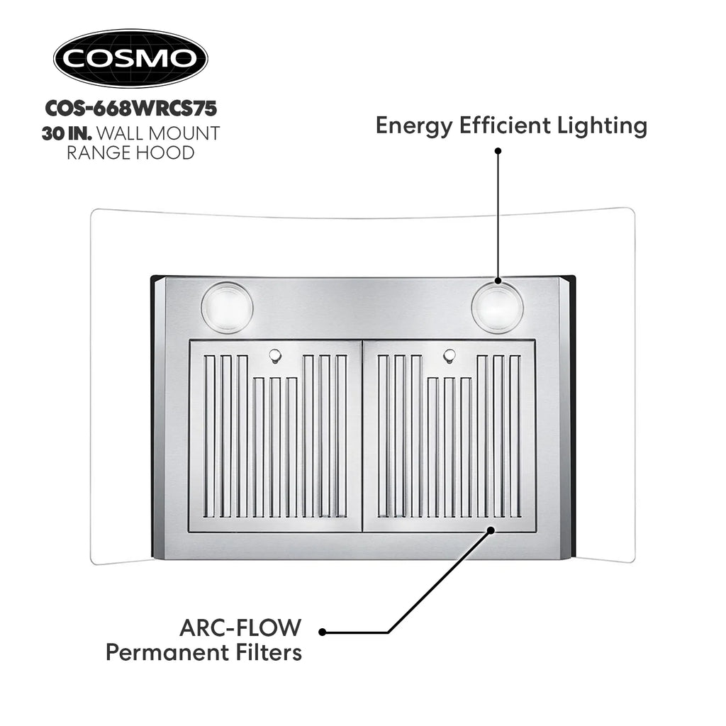 30 in. Vista Collection Ductless Wall Mount Range Hood, Button Controls, LED Lights, Stainless Steel