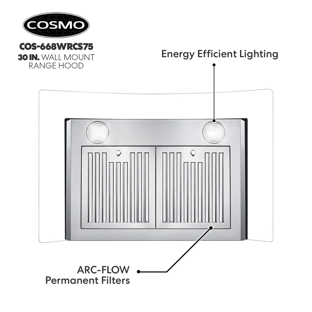 30 in. Vista Collection Ductless Wall Mount Range Hood, Button Controls, LED Lights, Stainless Steel