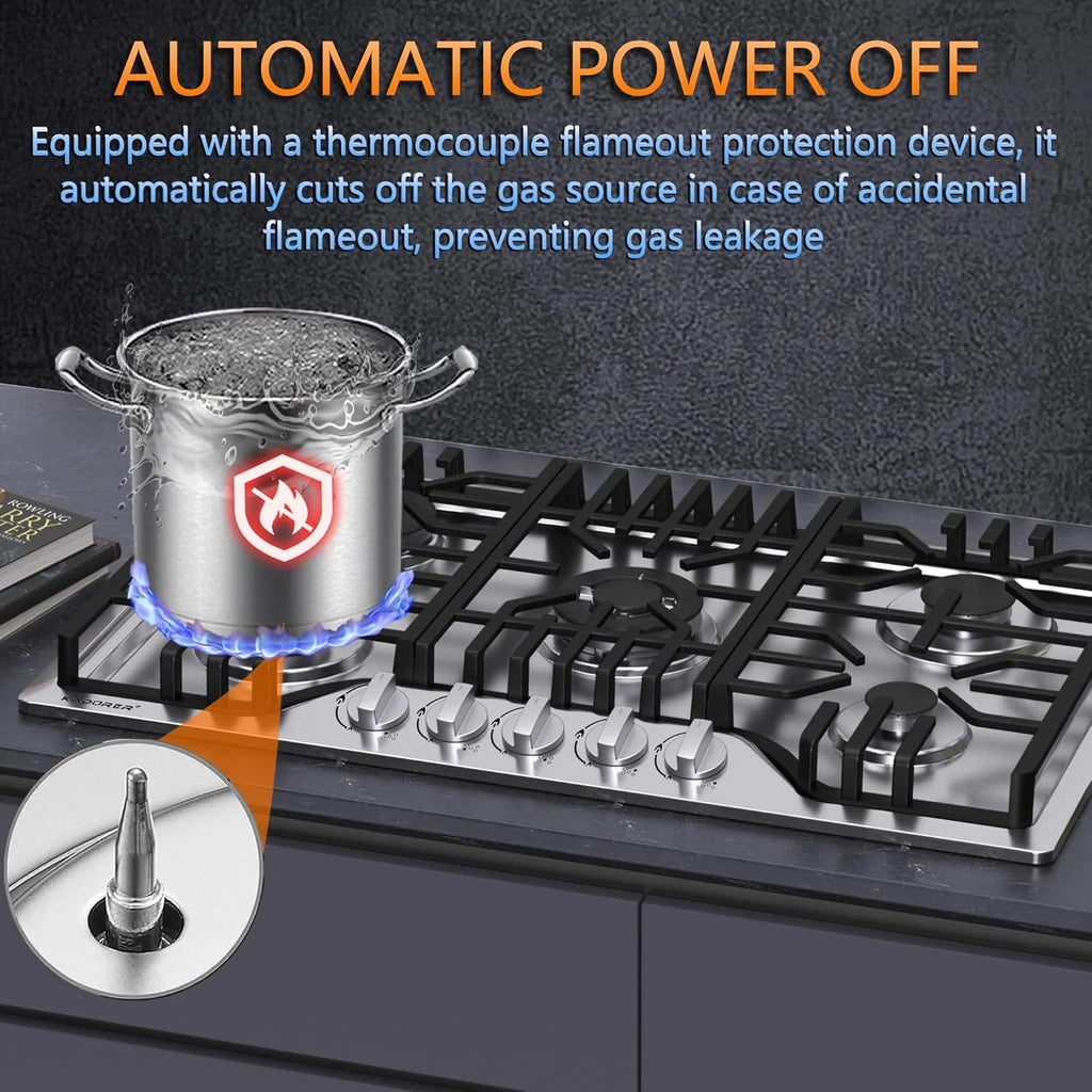 30 inch Gas Cooktop, Bulit-in Gas Stove Top with 5 Burner, NG/LPG Convertible Cooktops, 5 Burner Propane Cooktop with Thermocouple Protection, Stainless Steel