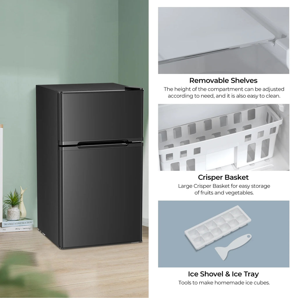 WAA 3.1 Cu.Ft Mini Fridge with Freezer,2 Door Compact Refrigerator,Mini Fridge with Adjustable Removable Glass Shelves for Bedroom,Office,Dorm or Apartment,Black