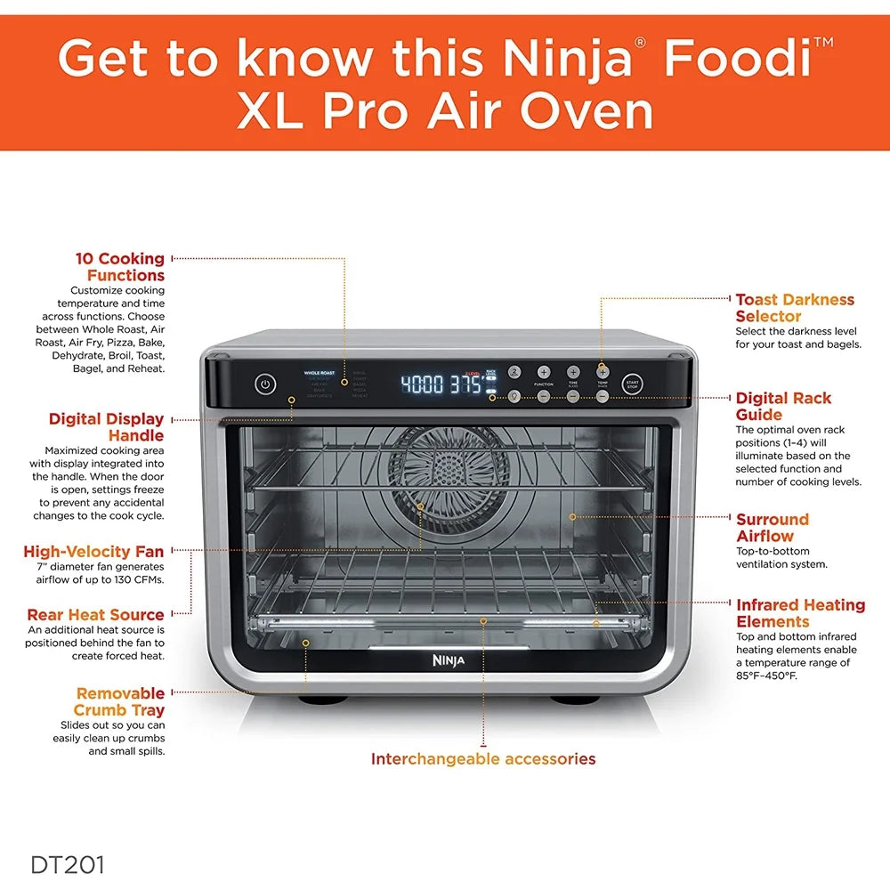Restored Ninja DT201 Foodi 10-in-1 XL Pro Air Fry Oven, Large Countertop Convection Oven, Digital Toaster Oven, Dehydrate, Reheat, 1800 Watts, Stainless (Refurbished)