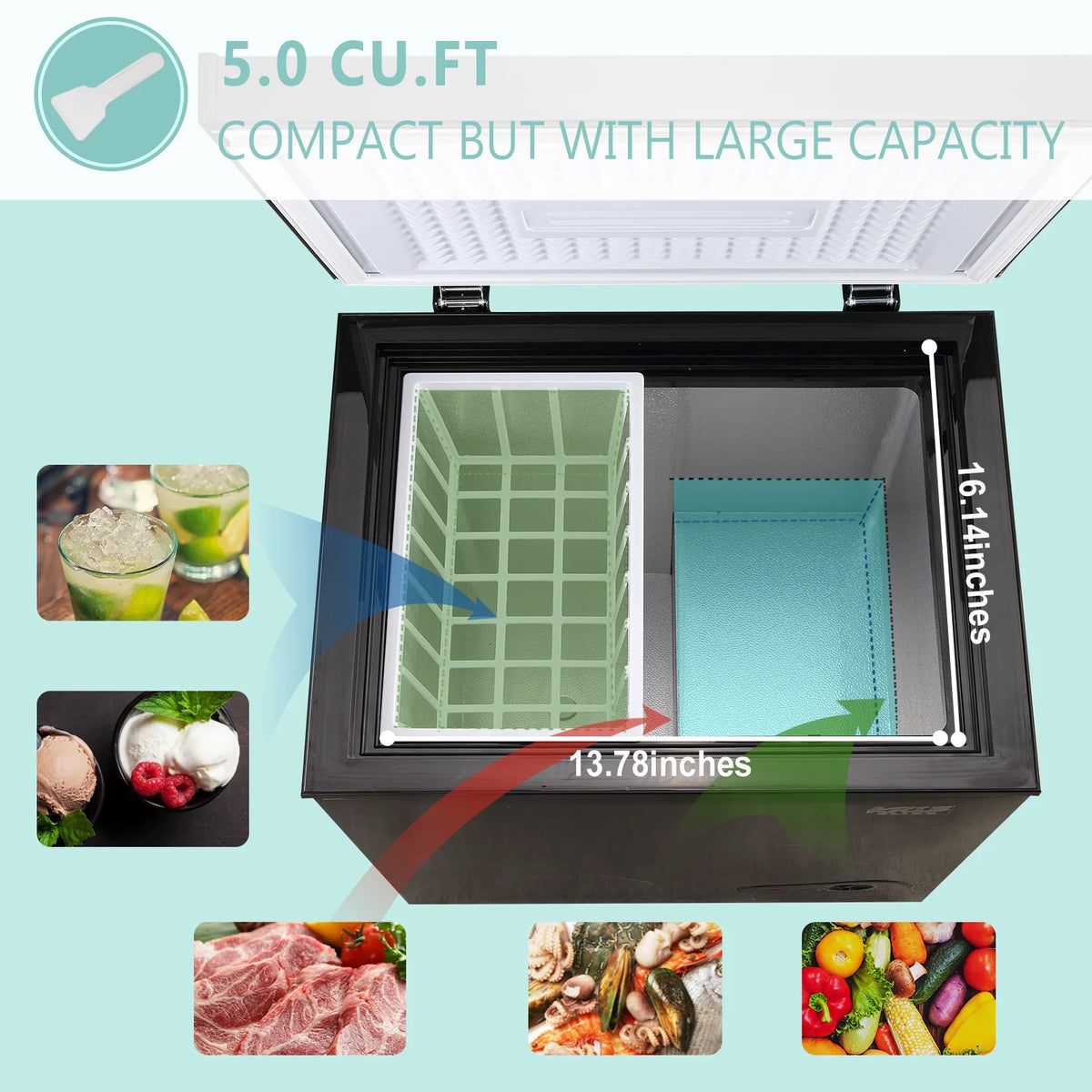 Krib B 3.5 Cu.Ft Chest Freezer with 7 Gears Temperature Adjustment, Deep Compact Freezer with a Removable Basket, Suitable for Kitchen, Garage, Basement, Black