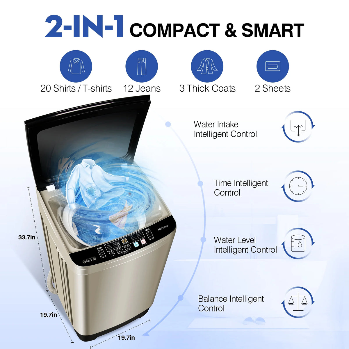 GGTB Portable Washing Machine for Apartments, 17.7 lbs Full Automatic Clothes Washer Machine,1.9 Cu.ft Top Load Washer with 10 Wash Programs/8 Water Levels, Coffee Gold