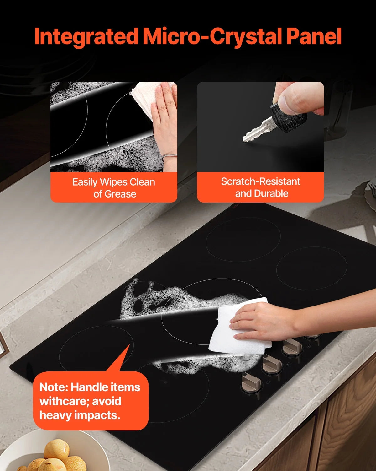 KFFKFF 5 Burner Electric Cooktop, 9200W 36" Ceramic Glass Stove Top Burner, Built In or Countertop, with Control Knobs, 12 Heat Levels, Glass Top, Automatic Power-Off for Indoor Outdoor Cooking