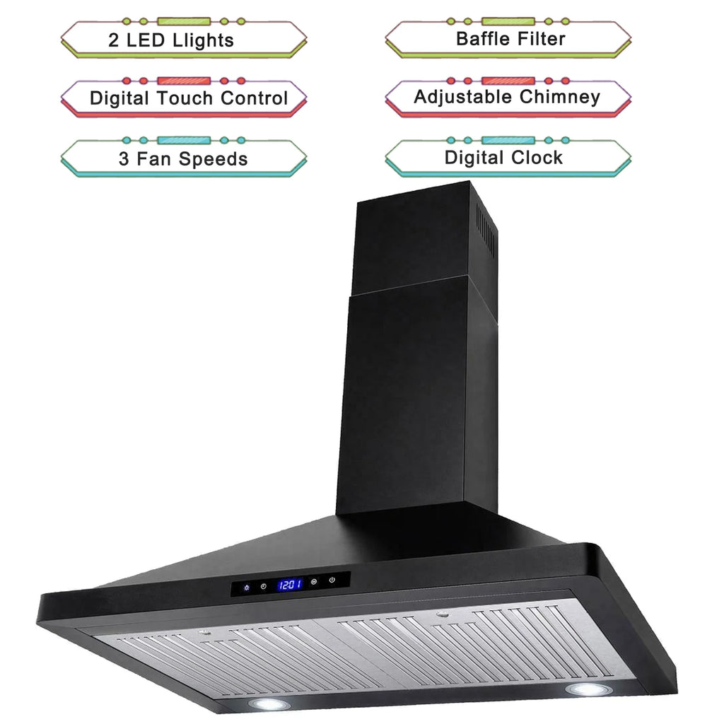 30 inch Wall Mount Range Hood Stainless Steel 350 Cfm Cooking Stove Vented LED Lamp 3 Speed Black