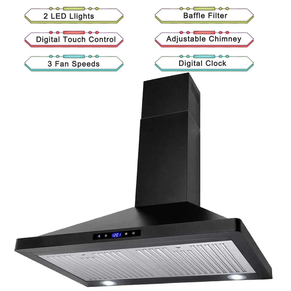 30 inch Wall Mount Range Hood Stainless Steel 350 Cfm Cooking Stove Vented LED Lamp 3 Speed Black