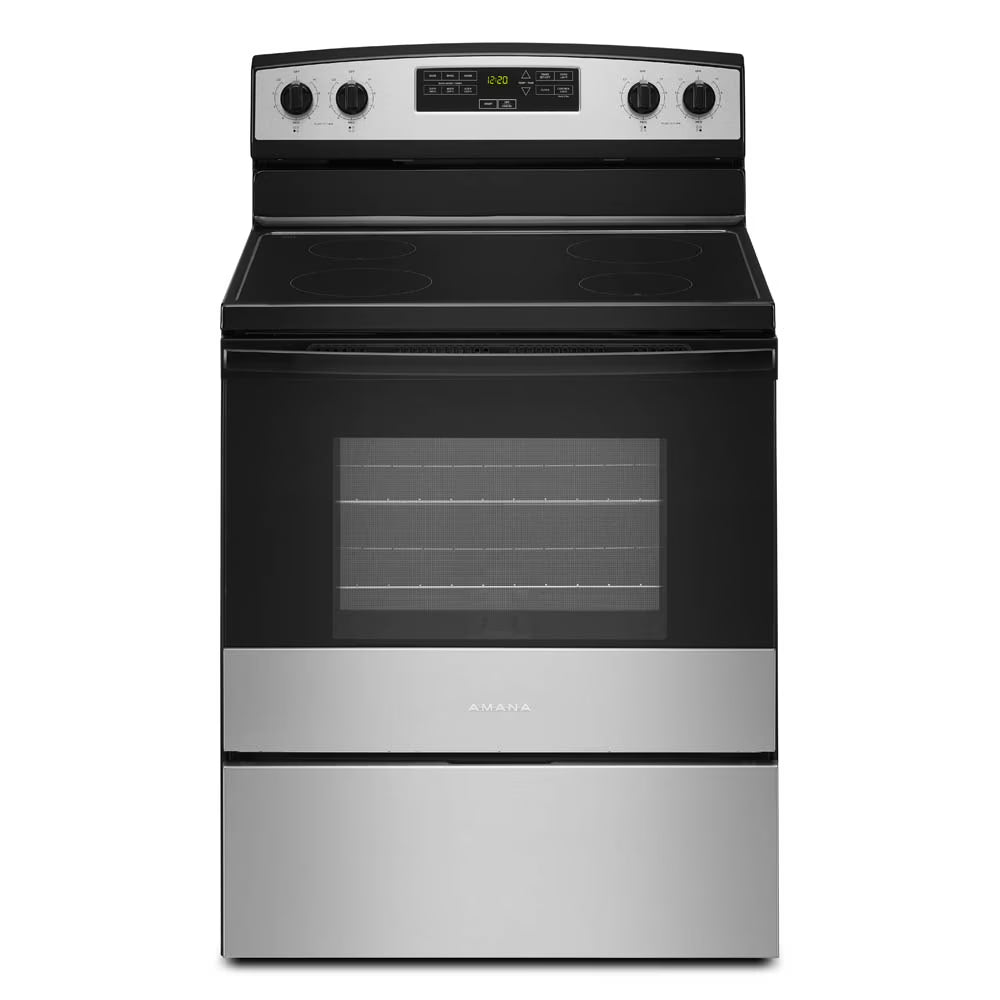 Amana? Brand New Model - AER6303MMS 30-inch Electric Range with 4.8 Cu ft oven. - assembled product Depth: 27.5�� - assembled product height: 46.08�� - assembled product Width: 30��