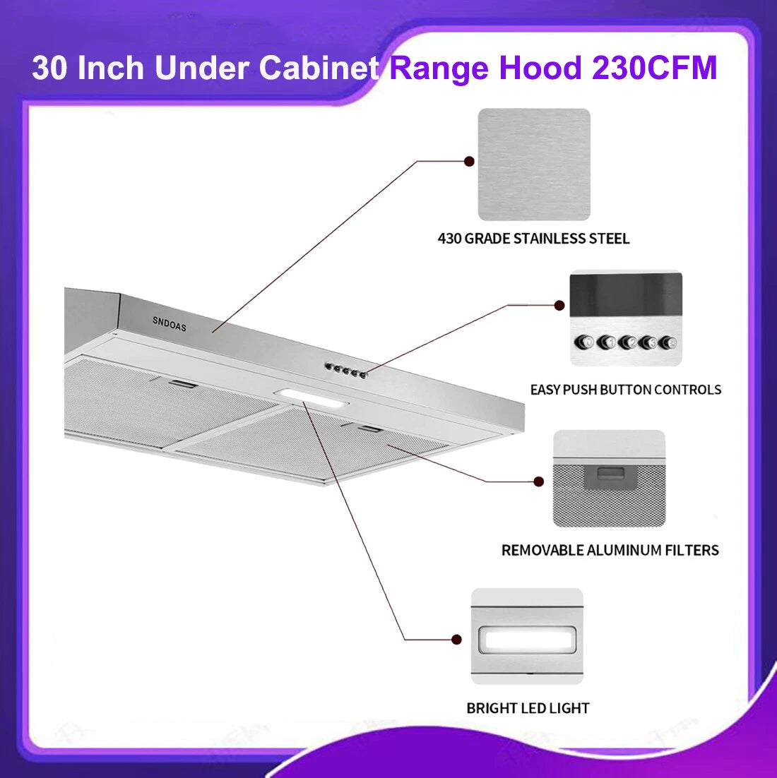 30 inch Under Cabinet Range Hood Stainless Steel Kitchen 230CFM Vent LED Light with Carbon Filter