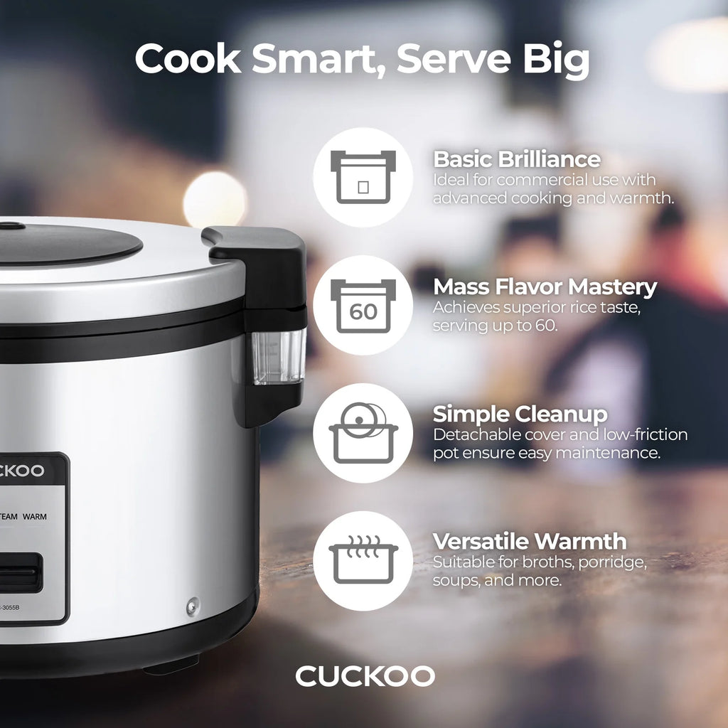 CUCKOO 60 Cups Cooked XL Rice Cooker Warmer with Nonstick Pot Easy Switch Start Silver/Black (CR-3055)