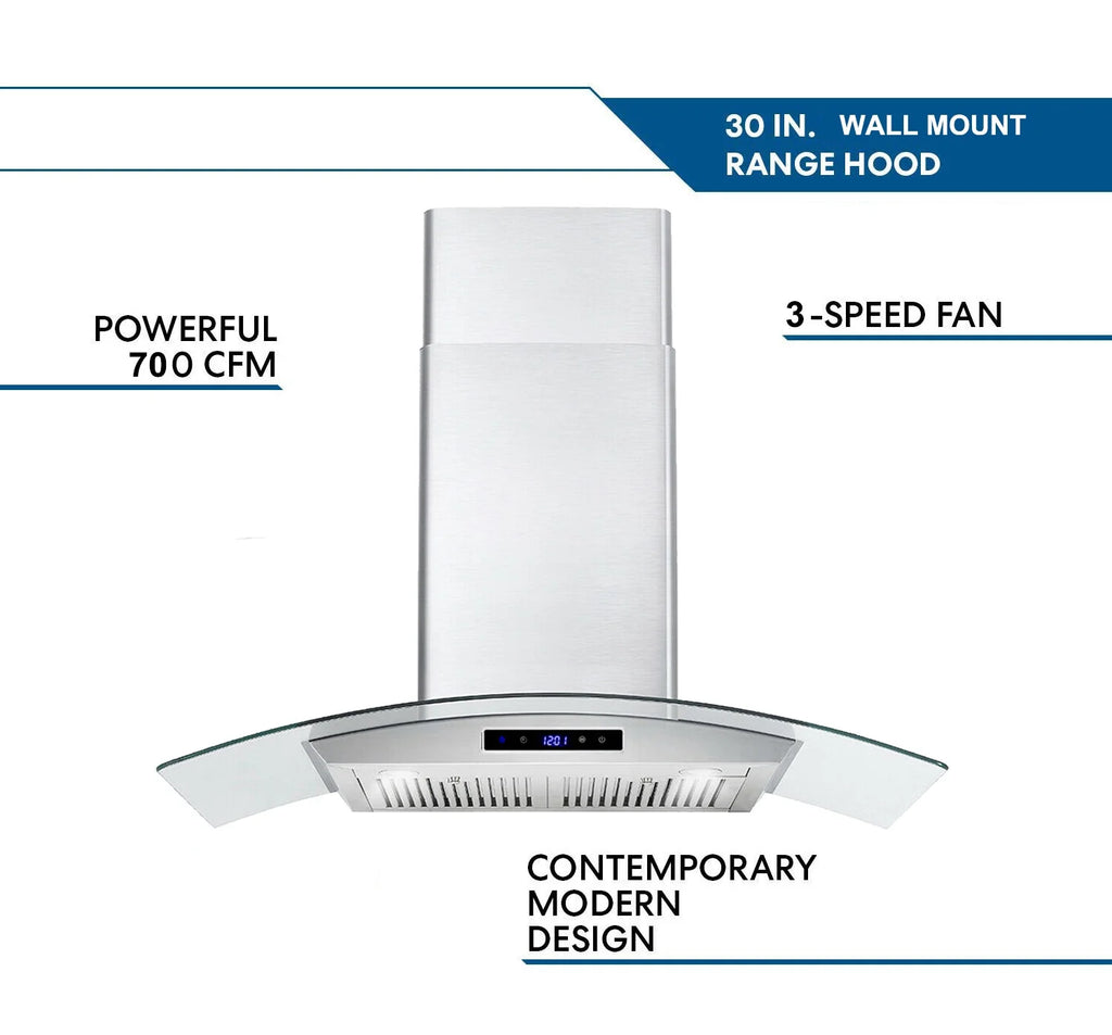 Joeaonz 30-Inch Wall Mount Range Hood with 3-Speed Ventilation and Dishwasher-Safe Filters, 700 CFM, 120V