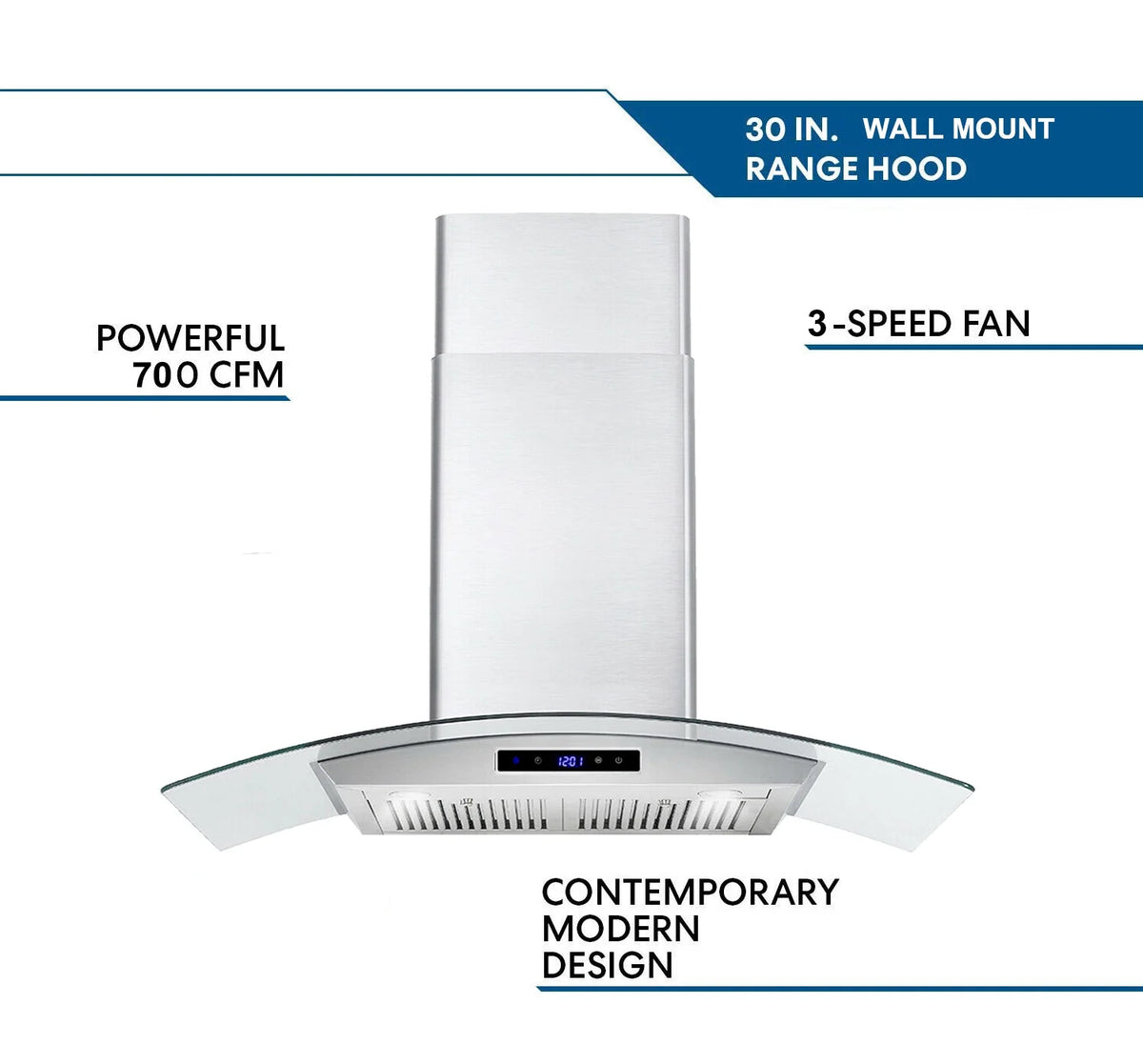 Joeaonz 30-Inch Wall Mount Range Hood with 3-Speed Ventilation and Dishwasher-Safe Filters, 700 CFM, 120V