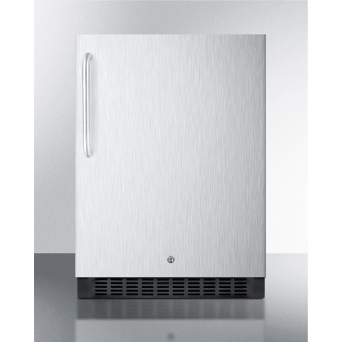 Outdoor all-refrigerator for built-in use, with lock, digital thermostat, towel bar handle, and stainless steel wrapped exterior