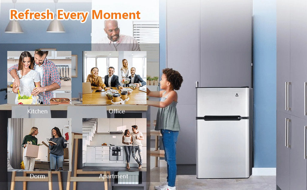 GoFashion 3.2 Cu. Ft Mini Fridge with Freezer, Small Refrigerators Double Door Stainless Steel, 5 Thermostat, Compact Internal Freezer with Crisper Drawer 90L
