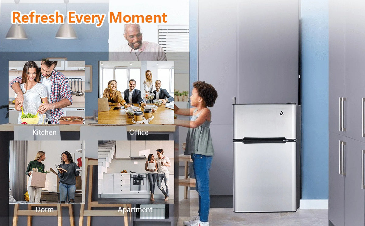 GoFashion 3.2 Cu. Ft Mini Fridge with Freezer, Small Refrigerators Double Door Stainless Steel, 5 Thermostat, Compact Internal Freezer with Crisper Drawer 90L