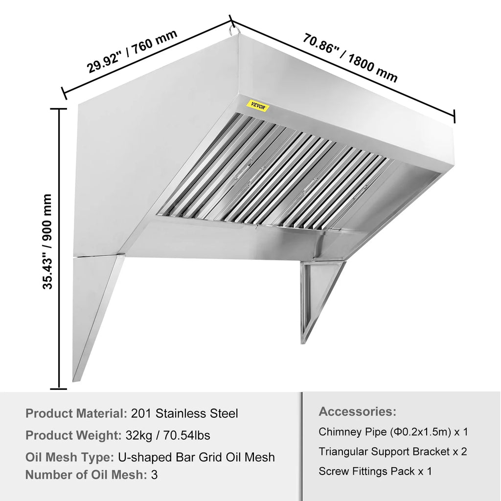 BENTISM Commercial Exhaust Hood 8ft Food Truck Hood Exhaust 201 Stainless Steel