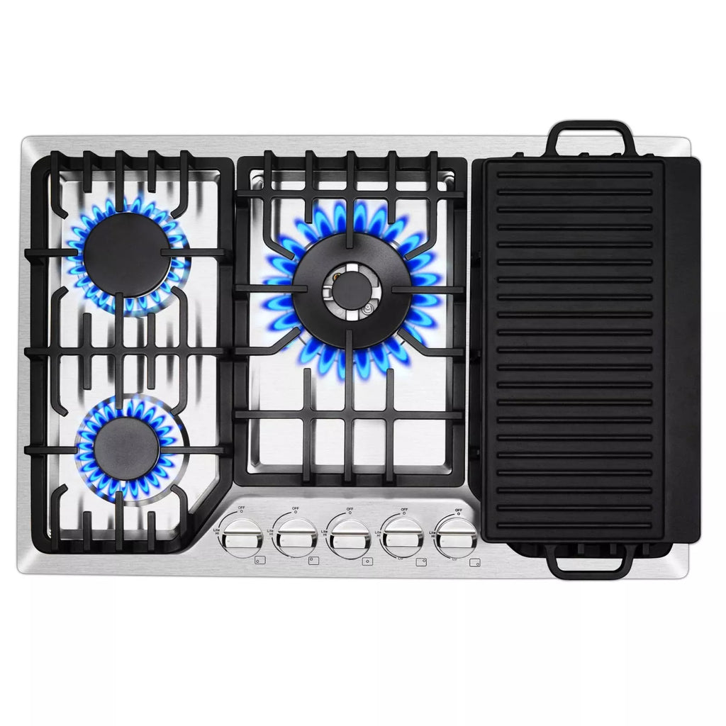30 Inch Bulit-In Gas Cooktop with Griddle, 5 Italy SABAF Powerful Burners Over 92% High Efficiency, Max 48300BTU Gas Stove Top, 304 Stainless Steel Panel, NG/LPG Convertible, CSA Certified