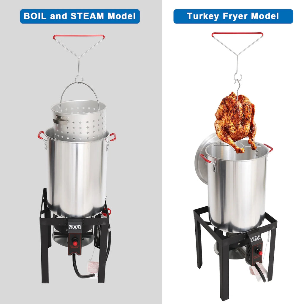 NUUK 30QT Turkey Fryer & 10QT fish fryers outdoor cooking Kit,50,000 BTU Propane Burner��Seafood Boil Pot,Cover & Skimmer Included, Aluminum Deep Fryer Pot with Basket Crab, Gifts for Thanksgiving Day