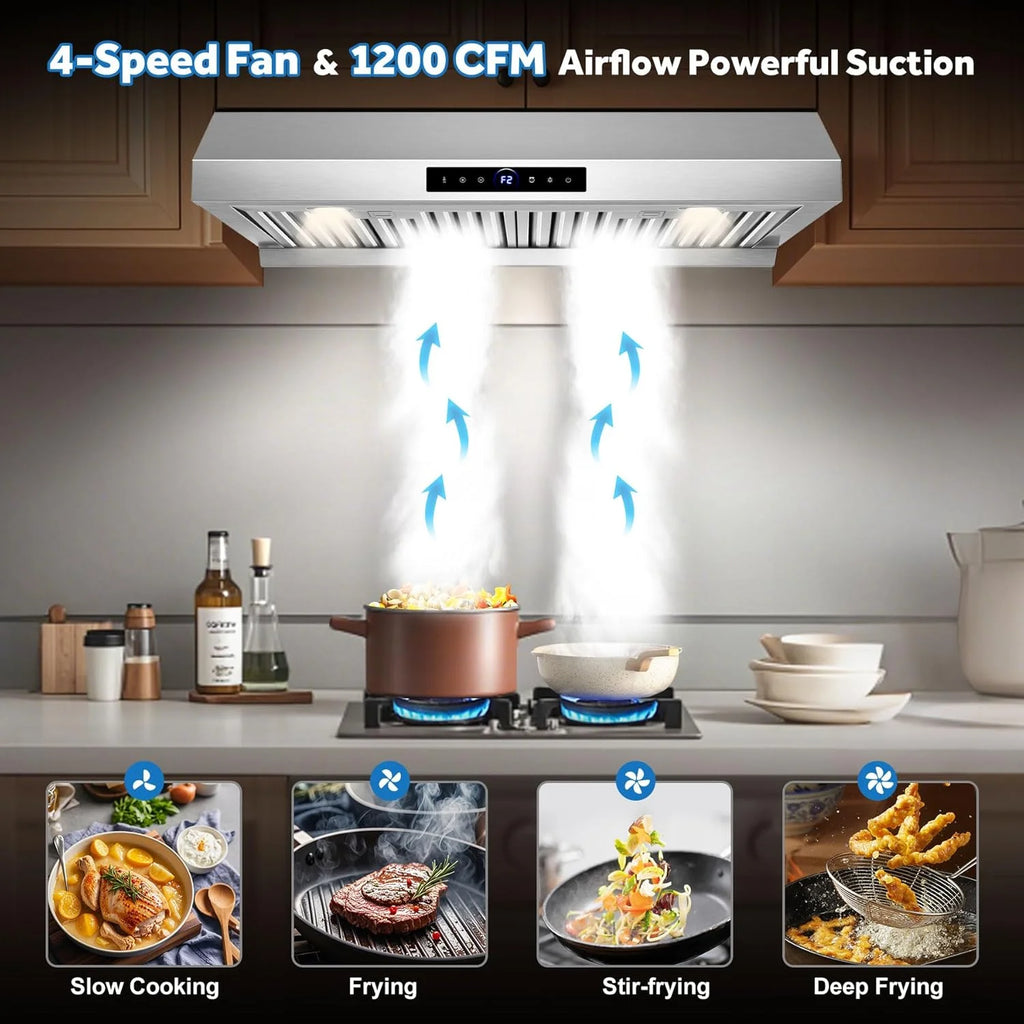 Sunmaki 36 inch Range Hood Under Cabinet 750CFM CFM with 4-Speed Gesture Sensing & Touch Control, Stainless Steel Kitchen Stove Vent Hoods with 2 LED Lights, Time Setting