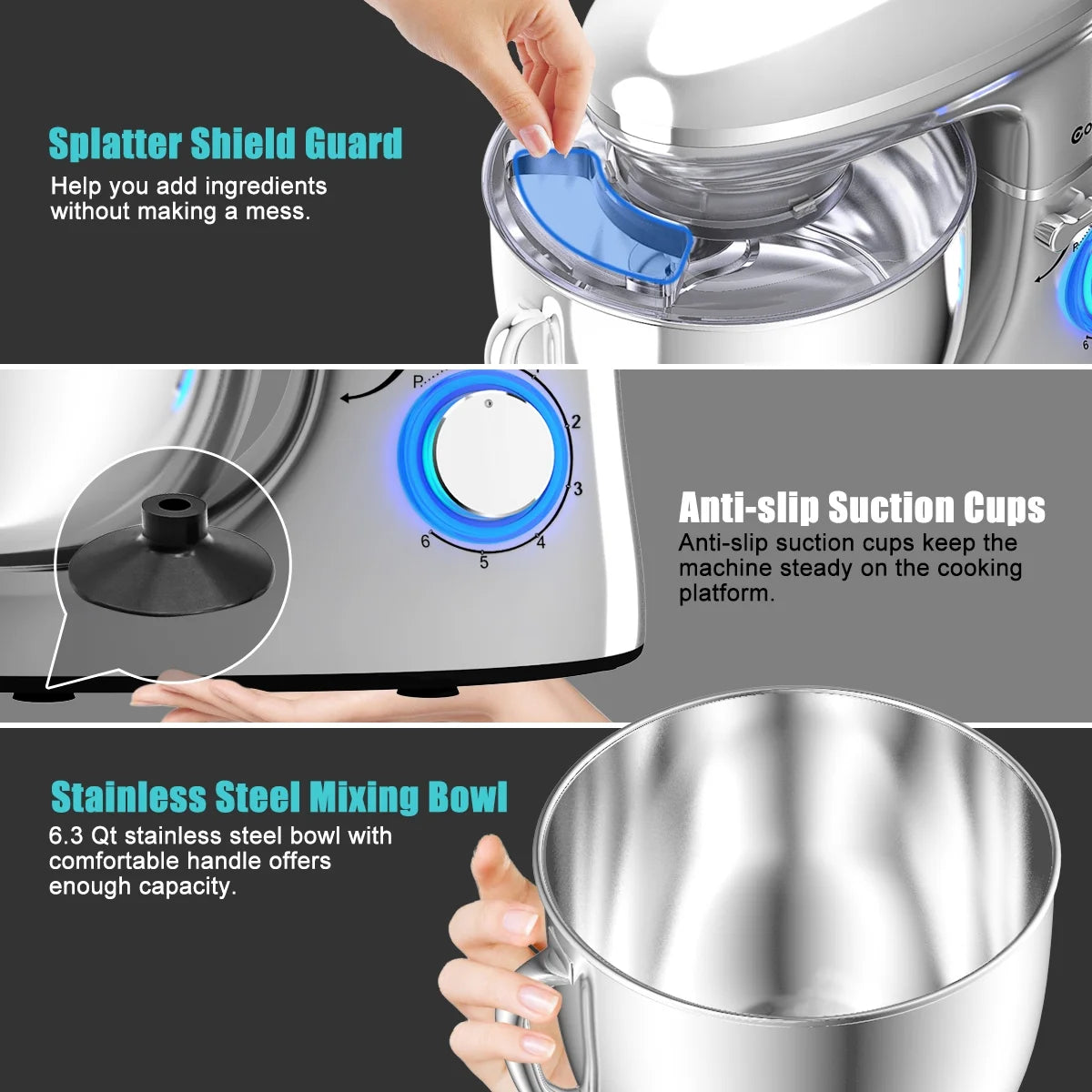 Costway 6.3 QT Tilt-Head Food Stand Mixer 6 Speed 660W wIth Dough Hook, Whisk & Beater Black