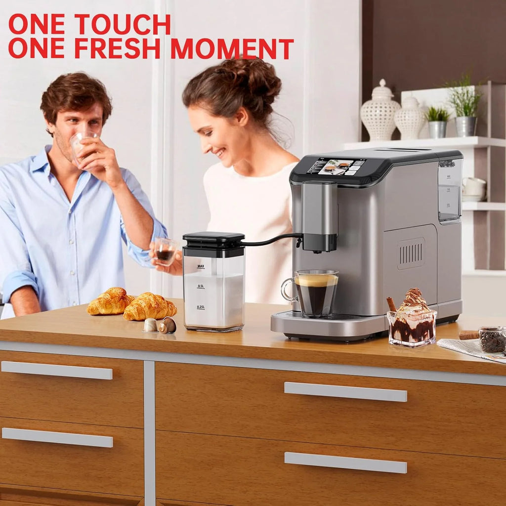 Full Automatic Espresso Machine with Built-In Grinder & Milk Frother - FTF Touchscreen Coffee Maker for Latte/Cappuccino, 20 Bar Pressur & 1.5L Water Tank, 1350W, Grey