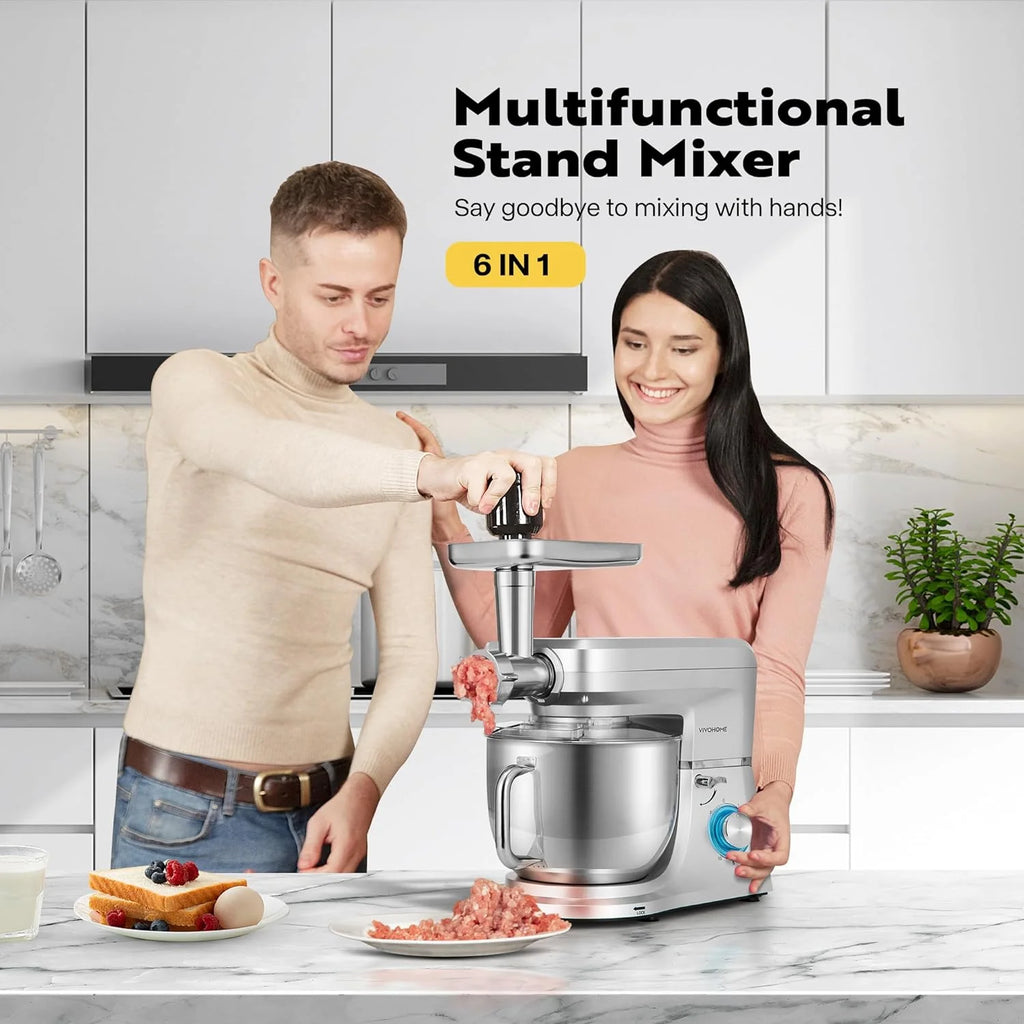 SPECSTAR 6 in 1 Multifunctional Stand Mixer with 8.5 Quart Stainless Steel Bowl, 660W 10 Speed Tilt-Head, Silver