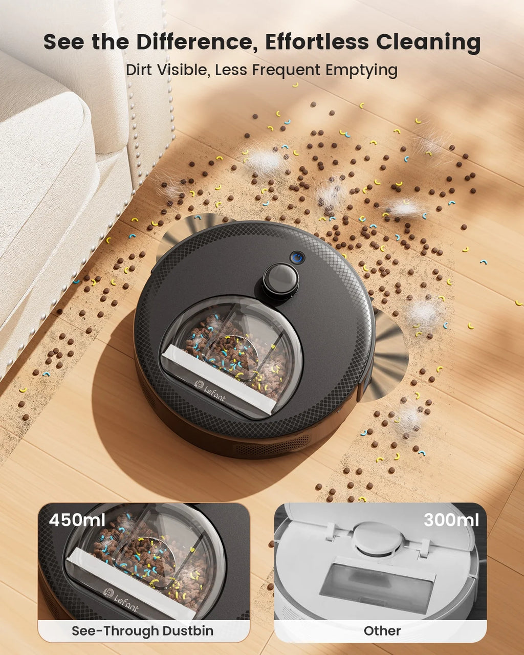 Lefant M330 LiDAR Navigation Robot Vacuum and Mop, 450ml Visible Dustbin, 190?�� PSD Obstacle Avoidance, Multi-Level Mapping, Robot Vacuum Cleaner for Hardwood Carpets Pet Hair