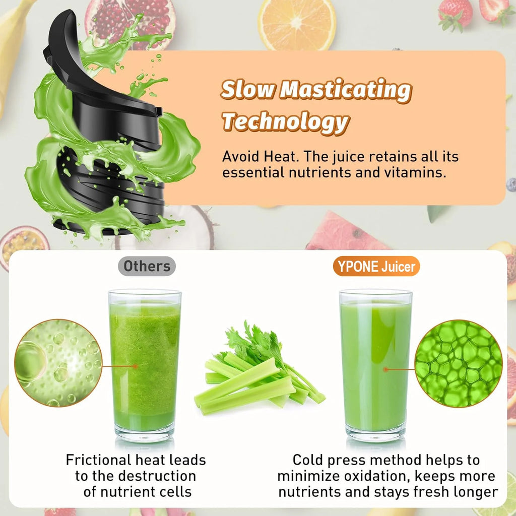 YPONE Cold Press Juicer, Masticating Juicer with 5.4" Wide Feed Chute, 350w Slow Juicer Machines Fit Whole Vegetables and Fruits,Juice Extractor Machine with High Juice Yield, Easy to Clean(Black)